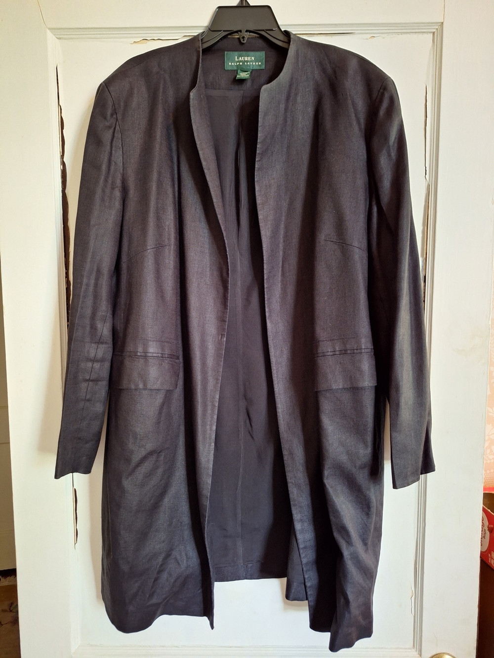 Ralph Lauren Long Jacket Womens Size 20 Black Open Front 100% Linen Fully Lined